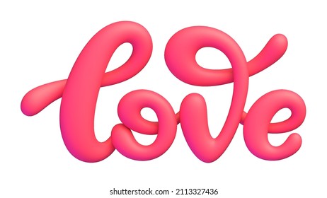 Pink word Love 3d lettering isolated on white background. Cute creative design element for Happy Valentine's Day celebration. Vector illustration