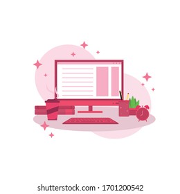 Pink Workstation, Website, Computer, Paper, Pen, Coffee Cup, Vector Illustration