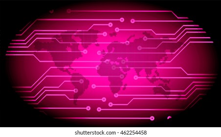 pink world map abstract cyber future technology concept background, illustration, circuit board, vector