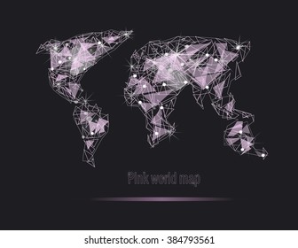 Pink world map diamond shines. Polygonal world map. Global travel geography and connect, continent and planet, vector illustration
