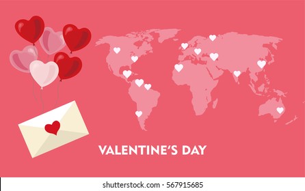 Pink world map with hearts tags and love letter for Valentine's Day. Vector flat illustration