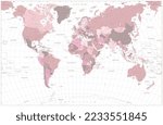 Pink world map with names of countries and their capitals and water objects. Highly detailed vector illustration of World Map.