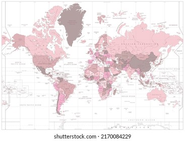 Pink world map with names of countries and their capitals. Vector illustration. 