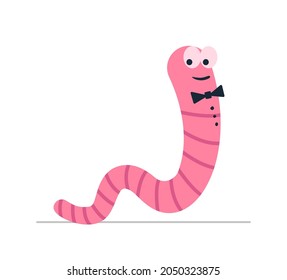 Gusano rosa con corbata de arco, de estilo plano. El gusano de tierra es un personaje de caricatura. ilustración vectorial Aislada Gusano sobre fondo blanco.