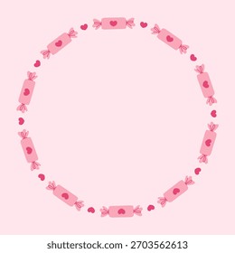 Pink Wrapped Candy Circle Frame. Coquette Romantic Round Border with sweet dessert and heart shapes. Valentines day Wedding Greeting Card template. Vector illustration