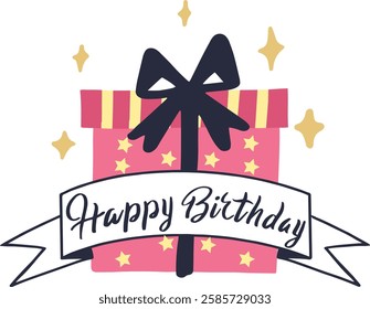 Pink wrapped gift box featuring a black bow and a cheerful happy birthday banner adorned with decorative stars, perfect for celebrating birthdays or special occasions