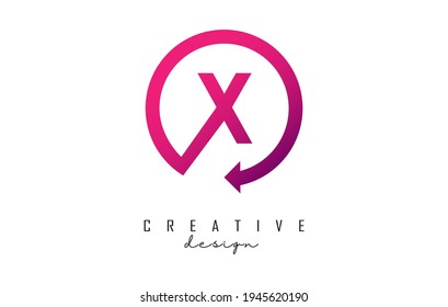 Pink X letter logo design with circle frame and arrow. Creative vector illustration with pink color and letter X.