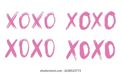 Pink XO XO Doodle Collection, set of hand drawn grunge charcoal phrases Xo Xo for Valentine's Day, love concept, Hugs and kisses abbreviation drawn in ink, cross and zero, pink lover sign