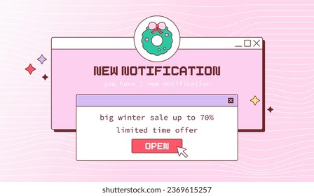 Pink Y2K Christmas and New Year Winter Sale Banner. Retro Vaporwave Aesthetics with Groovy Curves and Old PC Windows. New Year's Decorations in Classic Computer Interface.