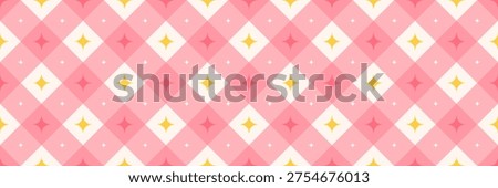 Pink Y2k Diagonal Plaid Seamless Pattern with Sparkling Stars. Cute girly checkered print for gift wrapping paper. Pastel gingham repeat pattern. Vector illustration
