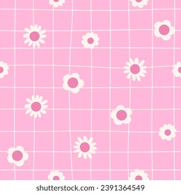 Pink y2k floral patern with hand drawn grid. Doodle daisy flowers on plaid seamless background. Girly texture for card, cover, wallpaper, wrapping paper design