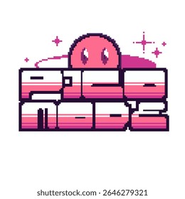 Pink Y2K Futuristic Cute Bold "PICOODE" Typography with Smiley at Behind, Pixel Art 8bit Banner Artwork