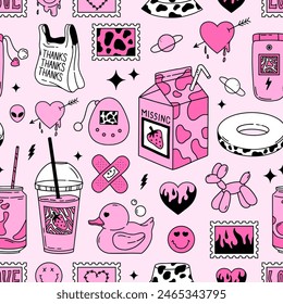 Pink Y2K seamless pattern. Hand Drawn vector print with 2000s elements. Kawaii Strawberry milk, milkshake, soda, plastic bag, stamps, rubber duck, panama hat, swim ring and emo hearts