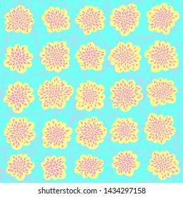 pink and yellow abstract floral elements and pink endless lines on blue. bright vector seamless pattern