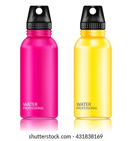 Pink and Yellow aluminum reusable water bottle isolated on a white background.