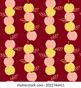 Pink And Yellow Apples On A Burgundy Background. Seamless Pattern With Colorful Fruits. Vector Illustration. Print For Use In Textiles, Covers And Prints, Baby Products, Packaging, Menus And Flyers