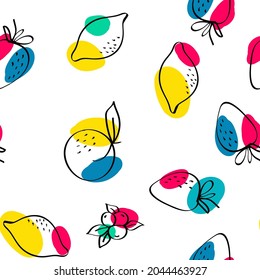 Pink and Yellow Apricot and Lime Vector White Seamless Pattern. Summer Apple and Peach Texture. Bright Lemon and Strawberry Cute Illustration.