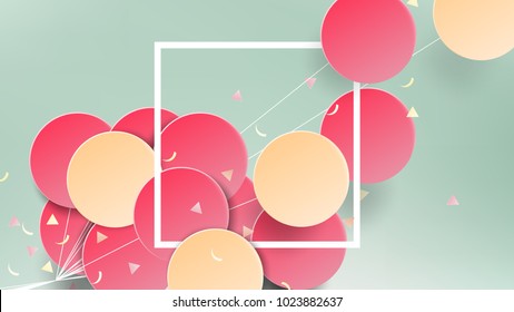 Pink and yellow balloons with confetti and white rectangle frame on green background, paper art/paper cutting style