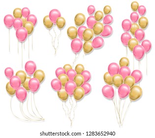 Pink and yellow balloons set Vector realistic. 3d illustration collection for birthday, gift, cards, invitation. Colorful joyful balloons