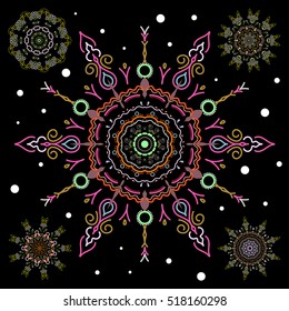 Pink and yellow and black simple Christmas set - five varied Xmas snowflakes with dots. Happy New Year winter background. Vector design for textile, wallpaper, fabric, wrapping paper.
