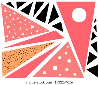 pink yellow black white triangles white circles, geometric print for textiles, printing