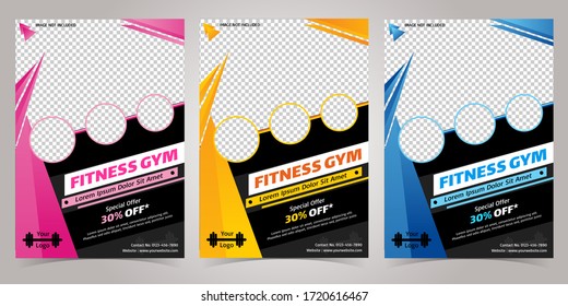 Pink, Yellow And Blue Color Fitness Body Building And Gym Flyer Template For Four Photo Section