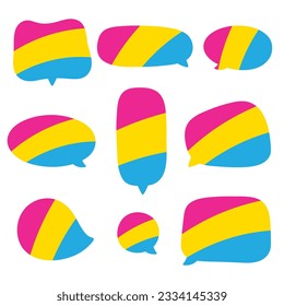Icono de burbuja de habla rosa, amarilla y azul, como los colores de la bandera pansexual. Concepto LGBTQI. Ilustración vectorial plana.