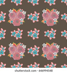 In pink, yellow and blue colorsVC seamless background pattern with tropical leaves and flowers in pink, yellow and blue colors.