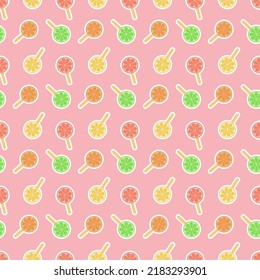 Pink yellow blue fruit ice slice citrus ice cream on a stick seamless pattern cute background