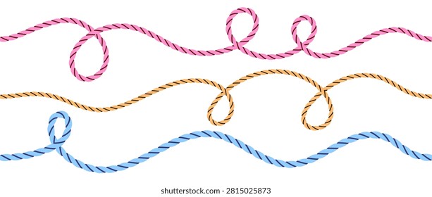 Pink yellow blue rope wave pattern collection. Repeated squiggle curve thread lace set. Repeating hemp cord bundle. Wiggly braid twine plait loops. Tangled chain, wire or yarn string tie pack. Vector