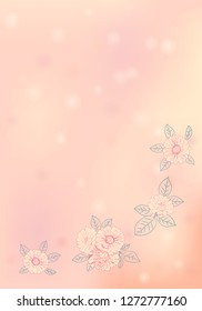 Pink yellow bokeh romantic background. Happy Valentine`s, Mother`s or Vomen`s day card design. Elegant vector illustration with flowers (zinnia, camomile, sunflowers, daisy).
