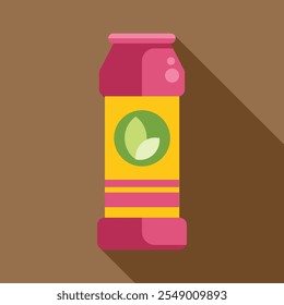 Pink and yellow bottle packaging with green leaf symbol showing eco friendly product with long shadow