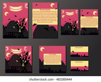 Pink and yellow brochures and business cards with halloween castle. Nice vector illustration