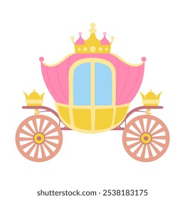 A pink and yellow carriage with a crown on top. The carriage has a wheel and a door