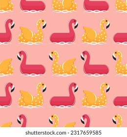 Pink and yellow cartoon flamingo floats on the water. Seamless summer cute pattern for textile. Vector.