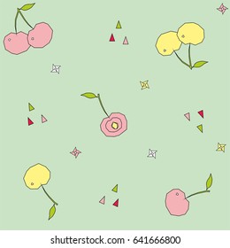 pink and yellow cherry berry on a green background with colored triangles and flowers seamless vector pattern