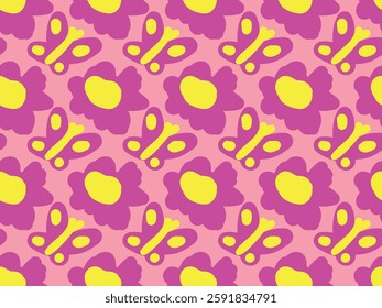 Pink and yellow, childish, girly,  cartoon, flowers, butterflies. Cute, nice, beautiful,  simple, flat. Summer,  spring. Seamless vector pattern for design and decoration. 