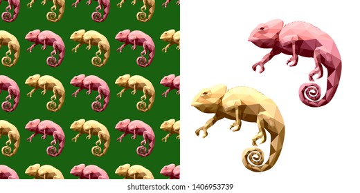 pink and yellow color chameleon polygonal style seamless pattern and objects vector