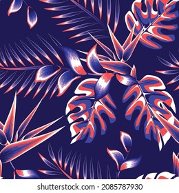 composición color amarillo rosa pájaro de flores paradisíacas patrón sin fisuras con hojas de helecho de monstera tropical y vegetación follaje sobre fondo azul. Fondo floral. Tropos exóticos. Diseño de impresión de verano