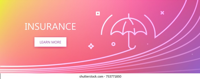 Pink and yellow colored vector banner with insurance word and umbrella in art line style. 