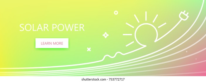 Pink and yellow colored vector banner with solar power words and sun with electrical plug in art line style.