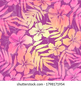 Pink and yellow colors hibiscus flowers silhouettes vector tropic summer floral pattern