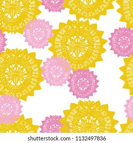 Pink and yellow crochet seamless pattern. Pattern with paper cut element. Lace background