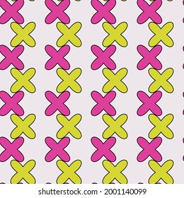 Pink and yellow crosses. Cartoonish crosses alternate. Vector seamless wallpaper with white wallpaper.