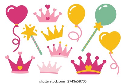 Pink and yellow crowns balloons and magic wands for princess party celebration
