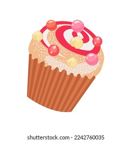 Pink and yellow cupcake or muffin vector illustration. Drawing of little cake with frosting isolated on white background. Holiday, dessert, decoration concept