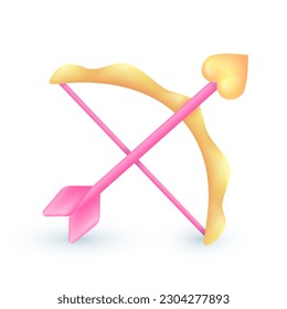 Pink and yellow Cupid bow and arrow 3D illustration. Cartoon drawing of bow and arrow with heart, symbol of romantic feelings in 3D style on white background. Love, romance, Valentine day concept