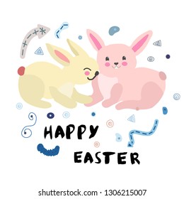 Pink and yellow cute Easter bunnies with handwritten note Happy Easter. Vector illustration on white background with doodle elements. 