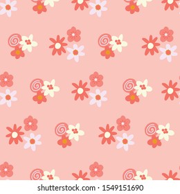 Pink and yellow ditsy flowers background. Seamless vector pattern with flat stylized Scandinavian florals. Decorative retro print for kids fabric, surface decor, wallpaper, packaging