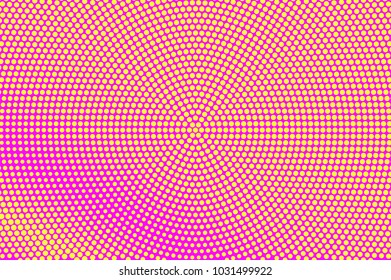 
Pink yellow dotted halftone. Centered frequent dotted gradient. Half tone vector background. Artificial texture. Yellow dot on pink backdrop. Candy pop art design template. Glitch halftone texture